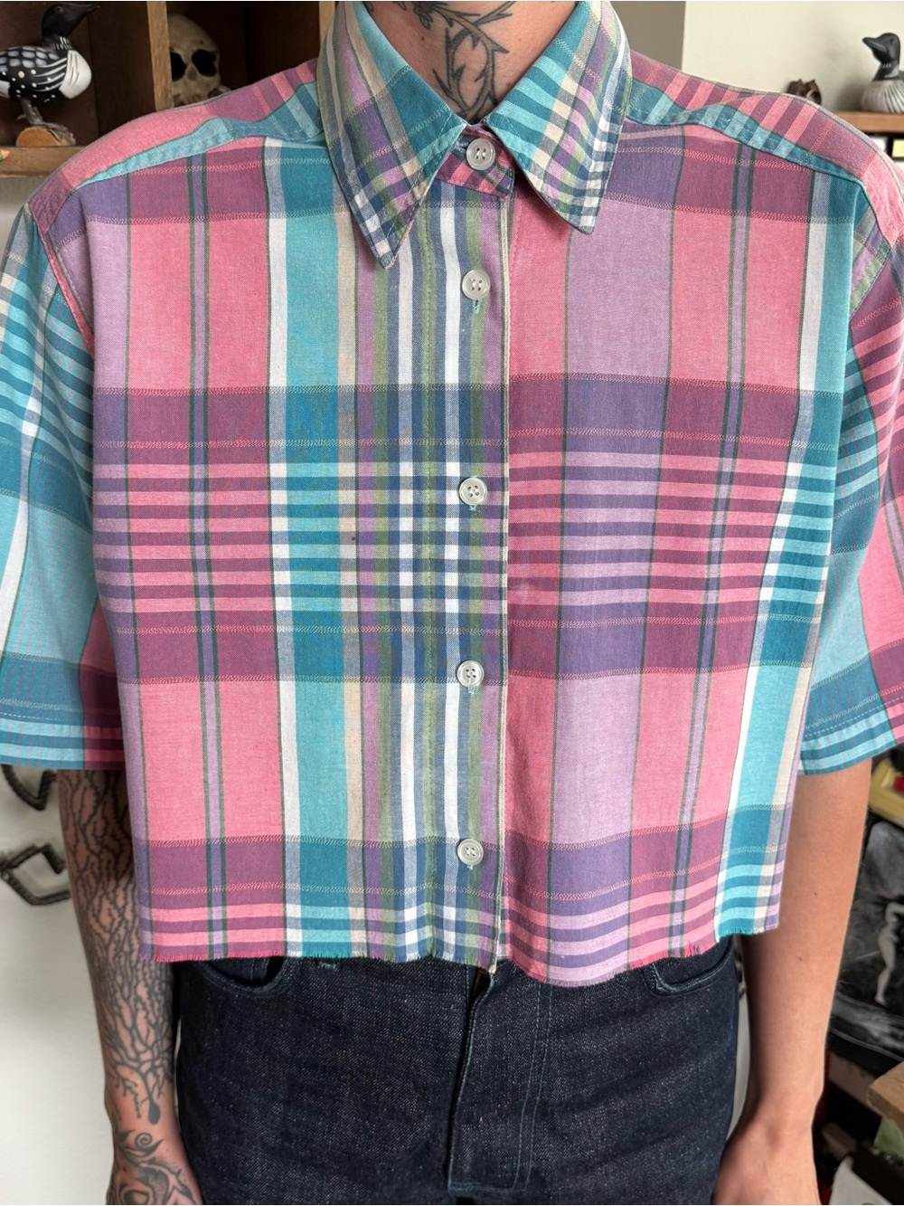 Vintage 90s Pastel Plaid Cropped Boxy S/S Button Down ~ Size XL